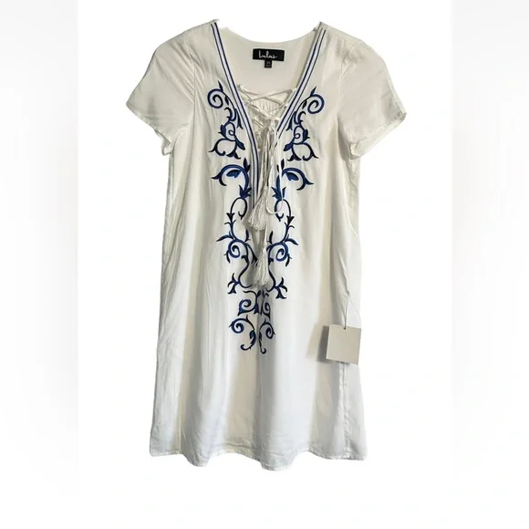 Lulus Small Embroidered Lace Up Shift Dress Vacation Beach Down In Kokomo - Picture 4 of 13